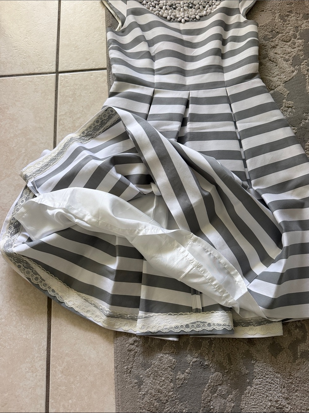 kate spade Gray & White Striped Jewel-Embellished Scoop Dress - Picture 7 of 8